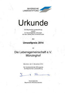 Bayerische Landesstiftung Umweltpreis 2014 - Lebensgemeinschaft e.V. Münzinghof